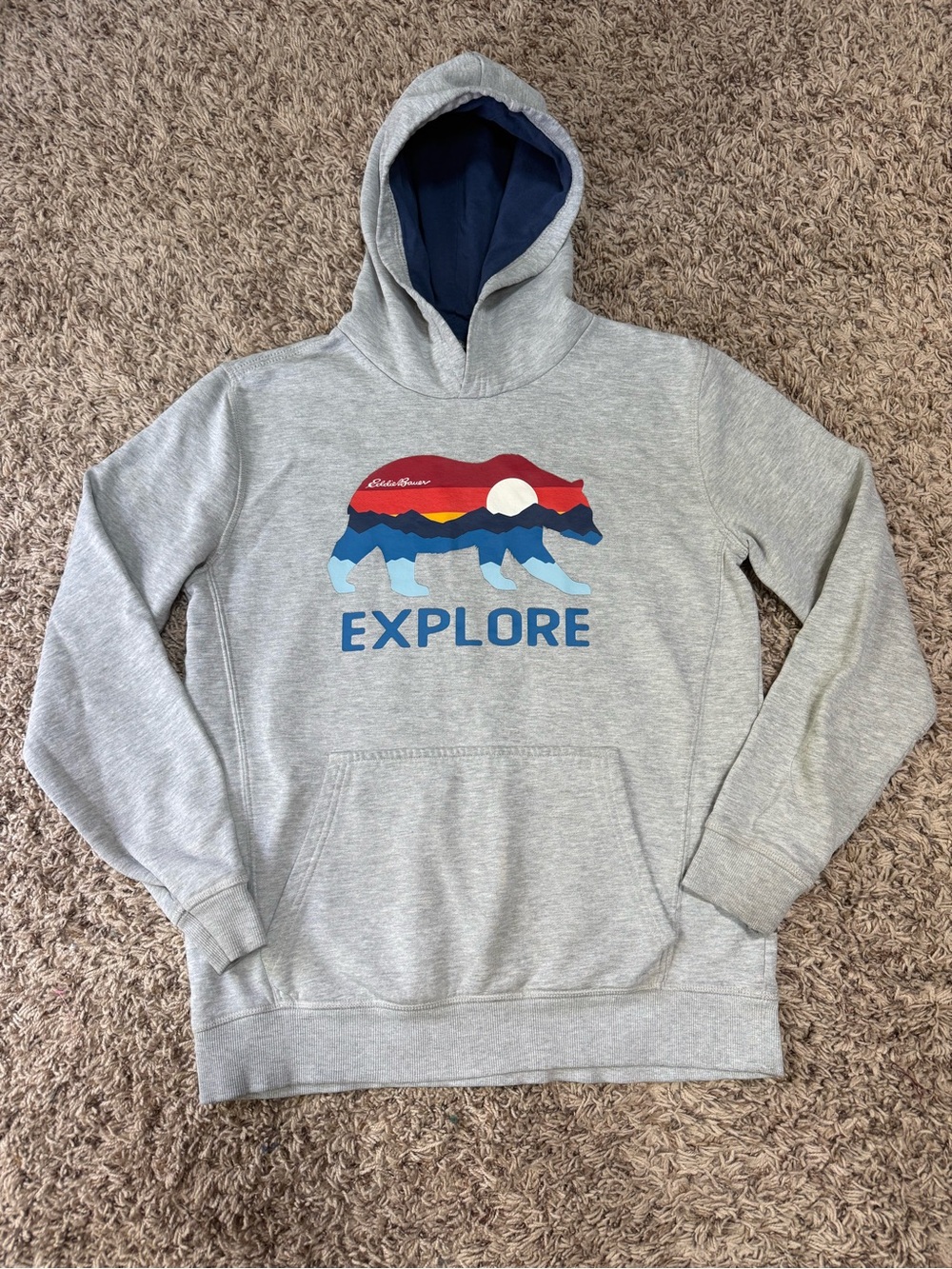 Eddie Bauer Light Gray Hoodie Bear Graphic (youth L 14-16)(women small) flaw